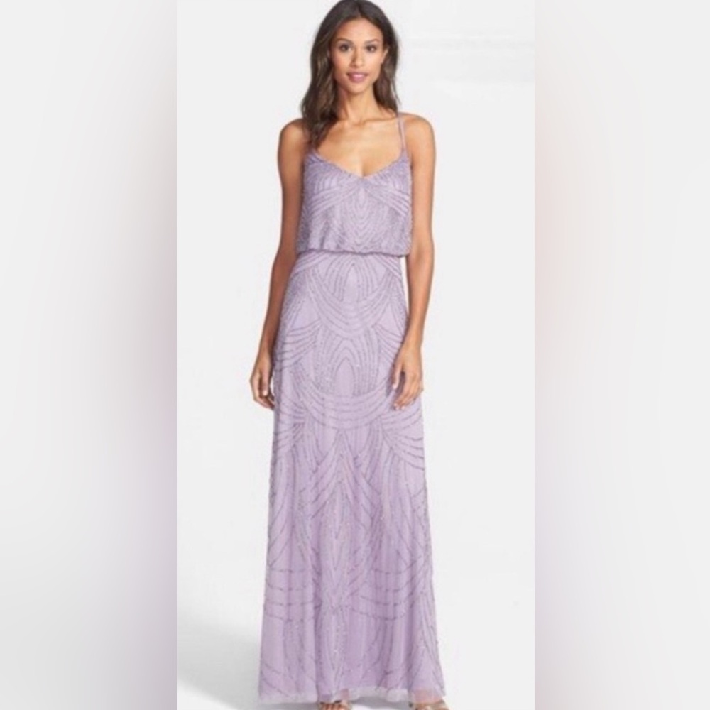 Adrianna Papell Art Deco Beaded Blouson Long Gown in Light Purple/Lilac